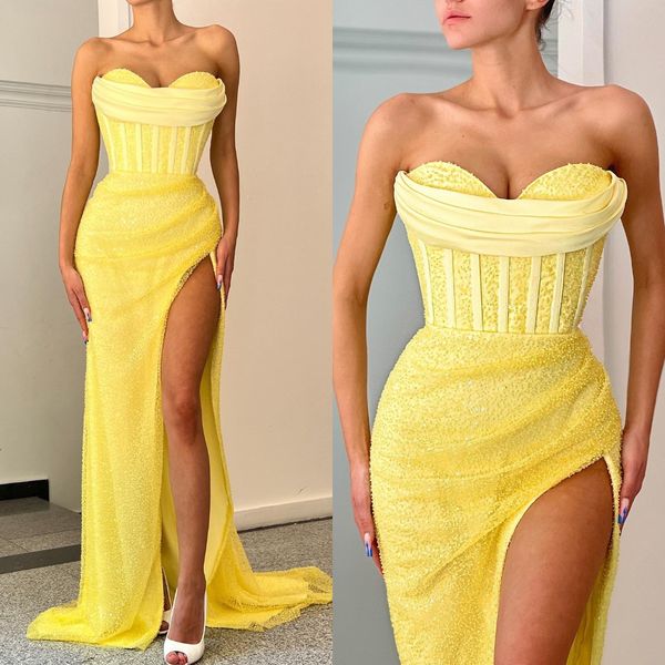 fashion yellow sequins prom dresses sweetheart evening gowns pleats slit formal red carpet long special occasion party dress, Black
fashion yellow sequins prom dresses sweetheart evening gowns pleats slit formal red carpet long special occasion party dress, Black