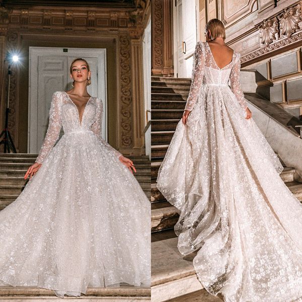 luxury a line wedding dresses deep v neck long sleeves appliques lace bridal gowns custom made backless sweep train robe de mariee, White
luxury a line wedding dresses deep v neck long sleeves appliques lace bridal gowns custom made backless sweep train robe de mariee, White