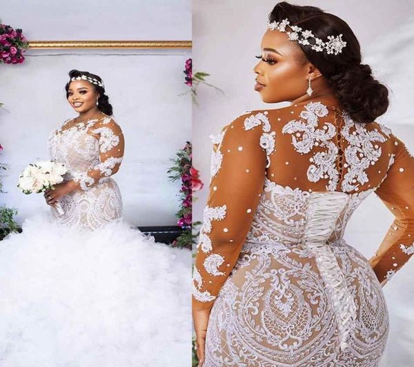 plus size illusion long sleeve mermaid wedding dress 2022 african nigerian jewel neck ruffles laceup back lace applique tull7935763, White
plus size illusion long sleeve mermaid wedding dress 2022 african nigerian jewel neck ruffles laceup back lace applique tull7935763, White