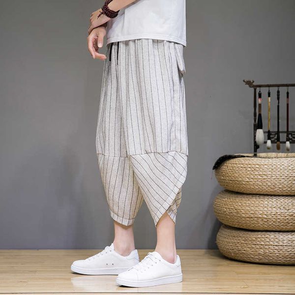 men's 2023 chinoiserie summer stripe cotton linen new capris plus fat shorts, White;black
men's 2023 chinoiserie summer stripe cotton linen new capris plus fat shorts, White;black