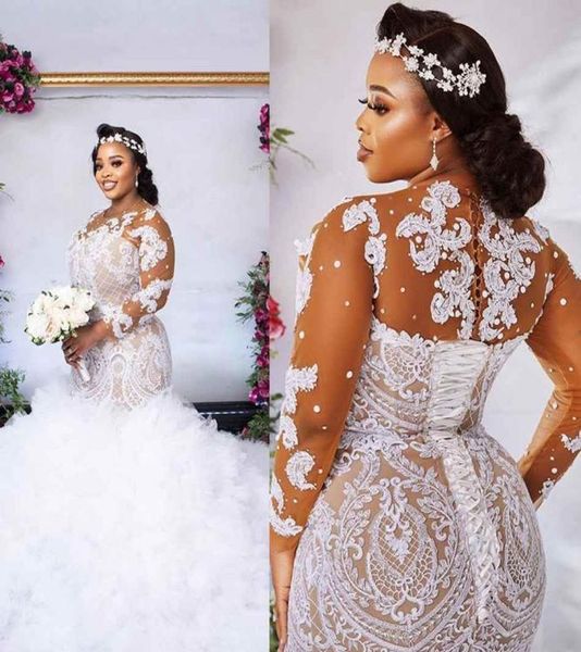 plus size illusion long sleeve mermaid wedding dress 2022 african nigerian jewel neck ruffles laceup back lace applique tull2815049, White
plus size illusion long sleeve mermaid wedding dress 2022 african nigerian jewel neck ruffles laceup back lace applique tull2815049, White