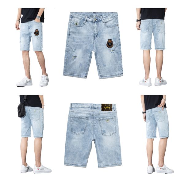 2023 spring/summer designer men's short jeans tear shorts metal button zipper tight slim european and american high street style size 2, Blue
2023 spring/summer designer men's short jeans tear shorts metal button zipper tight slim european and american high street style size 2, Blue
