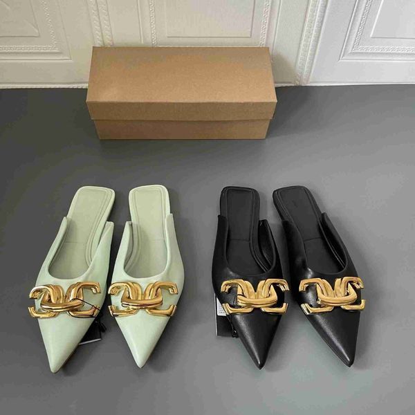 za new 2022 spring metal button pointed flat bottom baotou half fashion versatile soft sole external wearing slippers for women, Black
za new 2022 spring metal button pointed flat bottom baotou half fashion versatile soft sole external wearing slippers for women, Black