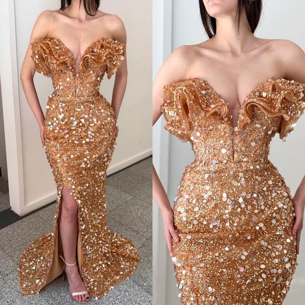 fashion gold sequins prom dresses ruffle sweetheart evening gowns front slit formal red carpet long special occasion party dress, Black
fashion gold sequins prom dresses ruffle sweetheart evening gowns front slit formal red carpet long special occasion party dress, Black