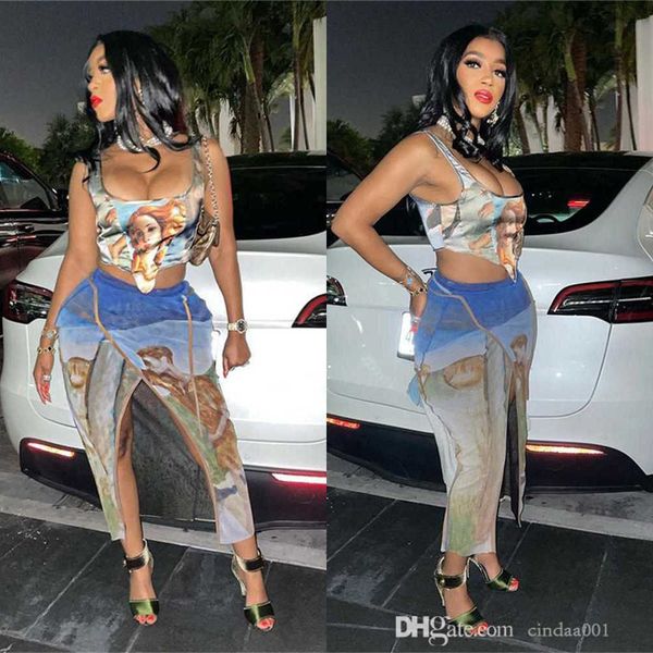 women high waist split long dress set 2023 new summer fashion digital printing low cut skirt suit, White
women high waist split long dress set 2023 new summer fashion digital printing low cut skirt suit, White