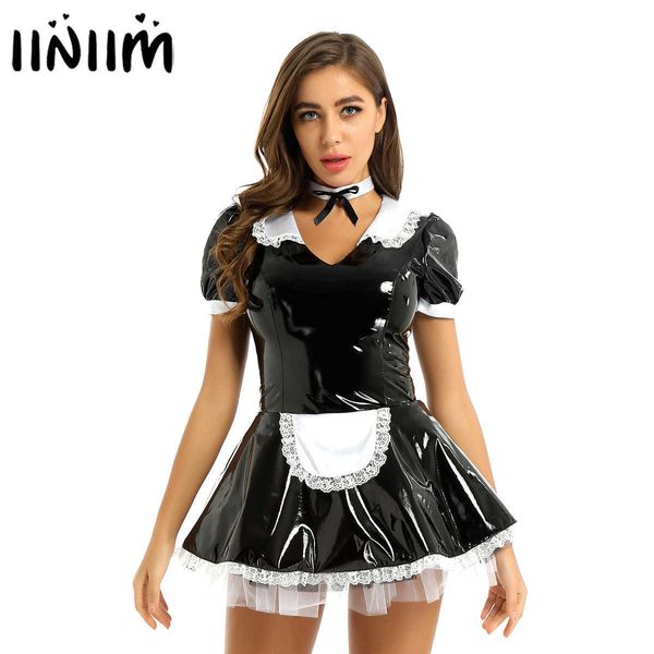 set womens black cute maid lolita cosplay costumes short sleeve patent leather lace trimming latex role play with neck ringhkd230703, Black;white
set womens black cute maid lolita cosplay costumes short sleeve patent leather lace trimming latex role play with neck ringhkd230703, Black;white
