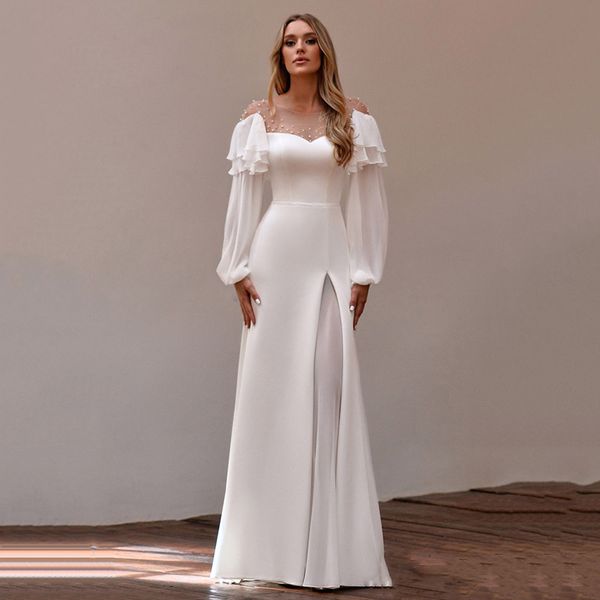 stylish sheer o neck wedding dresses long puffy sleeves bridal gown pearls satin a line country wedding gowns, White
stylish sheer o neck wedding dresses long puffy sleeves bridal gown pearls satin a line country wedding gowns, White