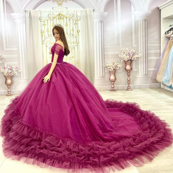 fuchsia shiny princess quinceanera dress off the shoulder ruffles beading tulle for 15 girls pleat crystal ball party gowns, Blue;red
fuchsia shiny princess quinceanera dress off the shoulder ruffles beading tulle for 15 girls pleat crystal ball party gowns, Blue;red