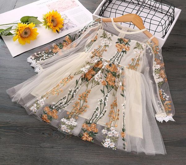 girls lace embroidered gauze dress autumn children puff long sleeve lace tulle tutu dress kids princess dress a43138528741, Red;yellow