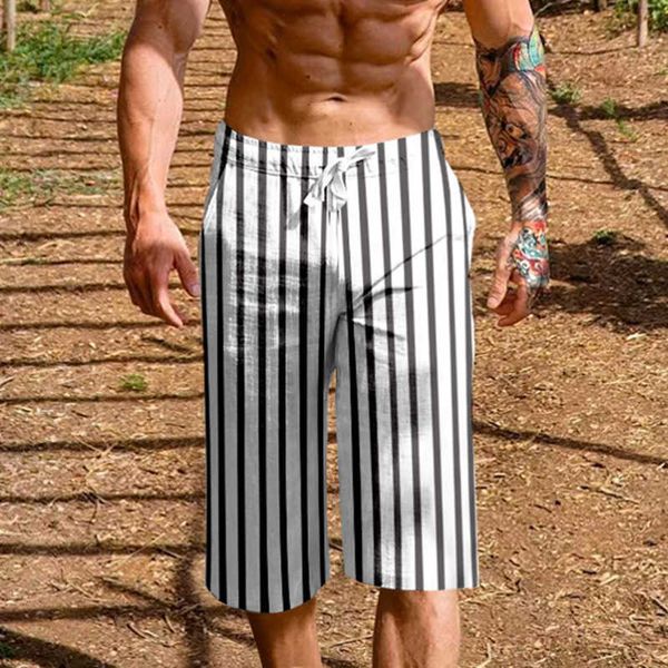 2023 men's straight fit casual sports cotton hemp cropped shorts summer breathable striped pants, White;black
2023 men's straight fit casual sports cotton hemp cropped shorts summer breathable striped pants, White;black