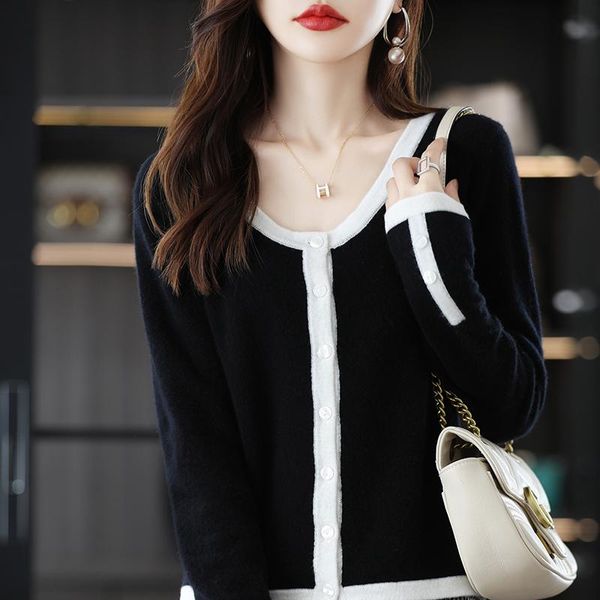 sweaters new autumn/winter 100% pure wool knitted cardigan jacket ladies round neck color matching sweater loose knit sweater jacket, White;black
sweaters new autumn/winter 100% pure wool knitted cardigan jacket ladies round neck color matching sweater loose knit sweater jacket, White;black