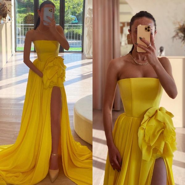 fashion yellow prom dresses strapless evening gowns pleats slit waist flower decor formal red carpet long special occasion party dress, Black
fashion yellow prom dresses strapless evening gowns pleats slit waist flower decor formal red carpet long special occasion party dress, Black