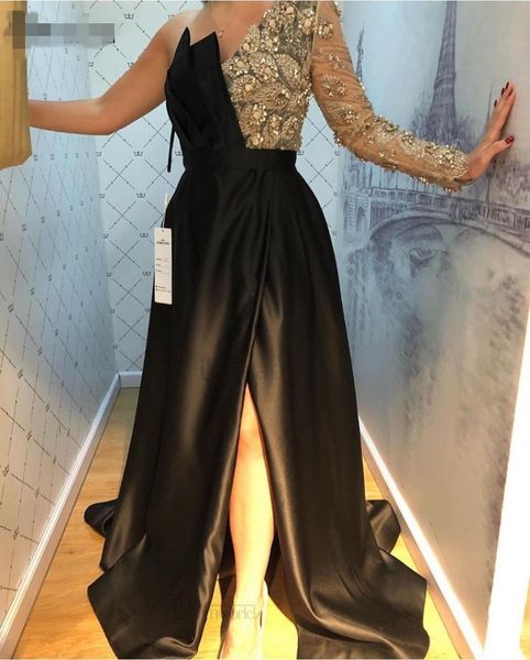 one shoulder sleeve beaded black satin evening dresses long sleeve front slit a-line v neck vestidos formales dubai arabic prom party gown
one shoulder sleeve beaded black satin evening dresses long sleeve front slit a-line v neck vestidos formales dubai arabic prom party gown
