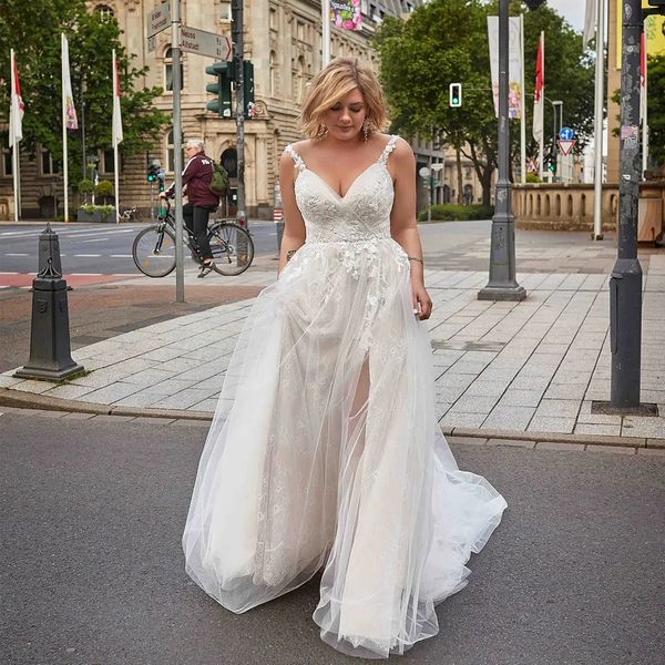 plus size v neck lace appliques wedding dresses beaded a line bridal gown tiere tulle summer inside slit wedding dress, White
plus size v neck lace appliques wedding dresses beaded a line bridal gown tiere tulle summer inside slit wedding dress, White