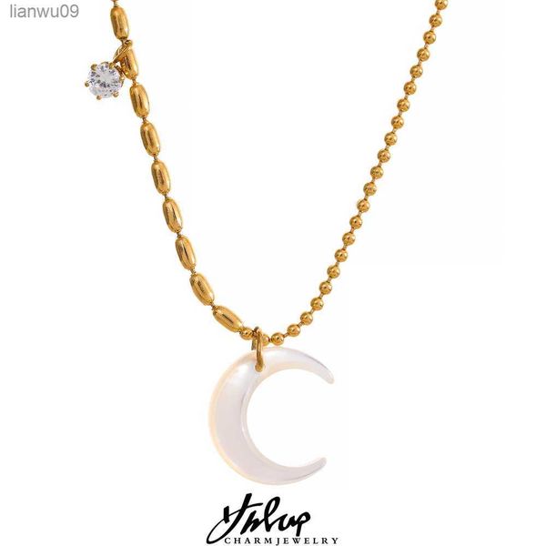 yhpup stainless steel white shell moon pendant chic necklace unique gold color beads chain zircon collar charm delicate jewelry l230704, Silver
yhpup stainless steel white shell moon pendant chic necklace unique gold color beads chain zircon collar charm delicate jewelry l230704, Silver