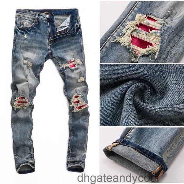 

men's jeans fit 2023 amirs small denim jeans slim designer pants light man high-grade ripped feet worn-out color trend elastic wash pgo, Blue