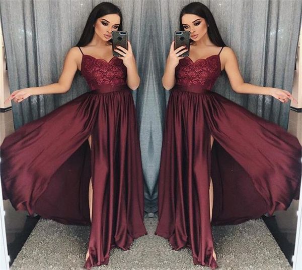 2019 maroon spaghetti straps prom dresses lace appliques a line side split elastic stain like silk formal occasion evening dr6273546, Black
2019 maroon spaghetti straps prom dresses lace appliques a line side split elastic stain like silk formal occasion evening dr6273546, Black