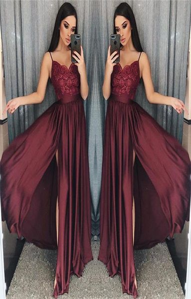 2019 maroon spaghetti straps prom dresses lace appliques a line side split elastic stain like silk formal occasion evening dr3787326, Black
2019 maroon spaghetti straps prom dresses lace appliques a line side split elastic stain like silk formal occasion evening dr3787326, Black