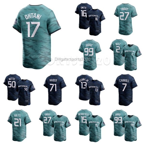 2023 all-star baseball jerseys 99 aaron judge 17 shohei ohtani 28 martinez 13 ronald acuna jr. mike trout yandy diaz marcus semien ken griff, Blue;black
2023 all-star baseball jerseys 99 aaron judge 17 shohei ohtani 28 martinez 13 ronald acuna jr. mike trout yandy diaz marcus semien ken griff, Blue;black