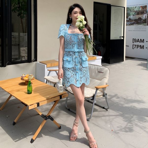 new s/elf portrait baby blue lace square neck short sleeve dress delivery belt, Black;gray
new s/elf portrait baby blue lace square neck short sleeve dress delivery belt, Black;gray