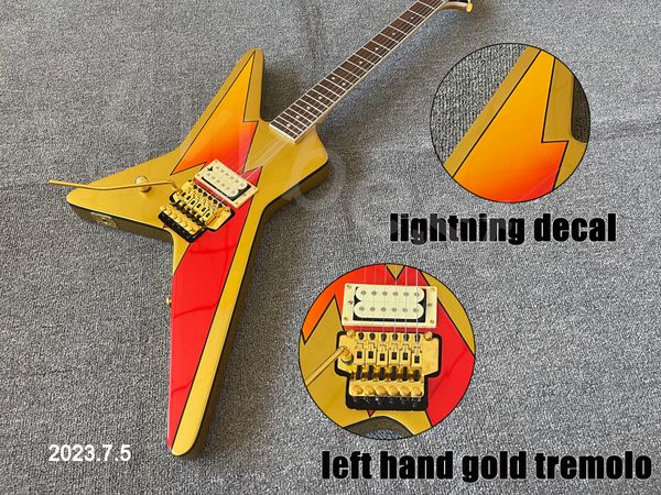 left hand electric guitar with lightning decal gold parts left hand tremolo only one bridge pickup one volume rosewood fingerboard
left hand electric guitar with lightning decal gold parts left hand tremolo only one bridge pickup one volume rosewood fingerboard