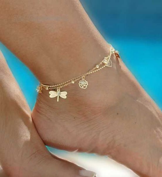 

gold bohemian anklet beach foot jewelry leg chain butterfly dragonfly anklets for women barefoot sandals ankle bracelet feet 2d4, Red;blue