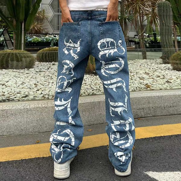 men's jeans high street sanskrit carck print straight jeans pants for men and women vibe style loose washed retro casual denim trousers, Blue
men's jeans high street sanskrit carck print straight jeans pants for men and women vibe style loose washed retro casual denim trousers, Blue
