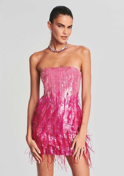2023 spring summer new style mini dress pink wrap hip skirt sequin spliced feather open back bra dress, White
2023 spring summer new style mini dress pink wrap hip skirt sequin spliced feather open back bra dress, White
