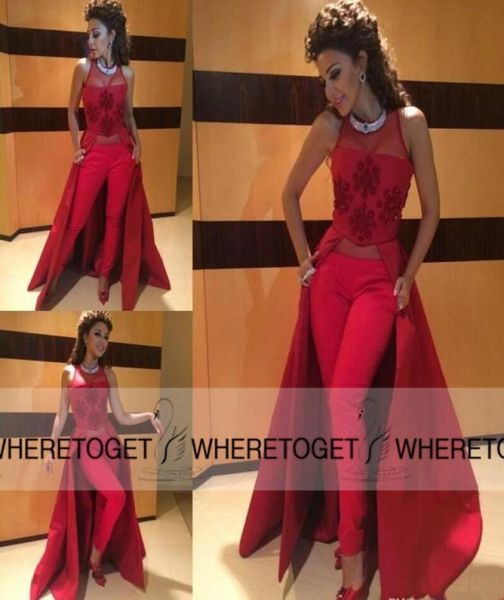 2019 myriam fares evening dresses sheer neck sleeveless applique new designer formal party prom gowns with pant charming9025113, Black;red
2019 myriam fares evening dresses sheer neck sleeveless applique new designer formal party prom gowns with pant charming9025113, Black;red