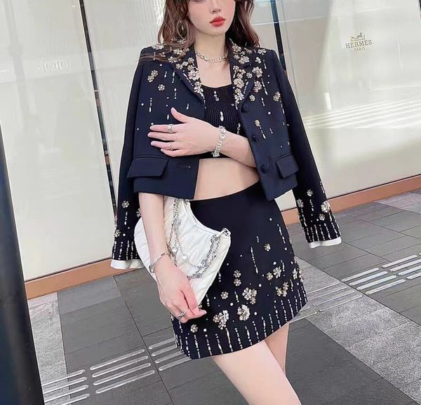 two piece skirt set handmade black rhinestone three-dimensional flower embellishment suit set, White
two piece skirt set handmade black rhinestone three-dimensional flower embellishment suit set, White