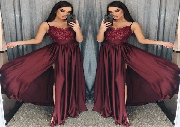 2019 maroon spaghetti straps prom dresses lace appliques a line side split elastic stain like silk formal occasion evening dr9907611, Black
2019 maroon spaghetti straps prom dresses lace appliques a line side split elastic stain like silk formal occasion evening dr9907611, Black