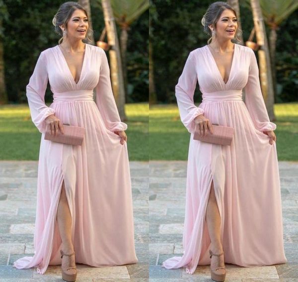 light pink chiffon evening dresses deep v neck long sleeves prom dress side split a line bride party gowns4619276, Black;red
light pink chiffon evening dresses deep v neck long sleeves prom dress side split a line bride party gowns4619276, Black;red