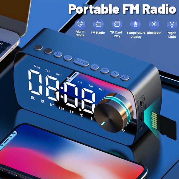 Image of Portable Speakers Portable FM Mirror Bluetooth Speaker with Alarm Clock Night Light Temperature Week Display Support Card Play R230705