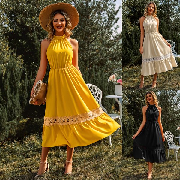 women's casual dress 2023 summer new fashion hanging neck lace lace women's long skirt fashion women's beach skirt, Black;gray
women's casual dress 2023 summer new fashion hanging neck lace lace women's long skirt fashion women's beach skirt, Black;gray