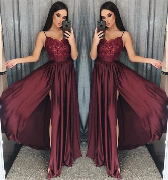 2019 maroon spaghetti straps prom dresses lace appliques a line side split elastic stain like silk formal occasion evening dr5442604, Black
2019 maroon spaghetti straps prom dresses lace appliques a line side split elastic stain like silk formal occasion evening dr5442604, Black