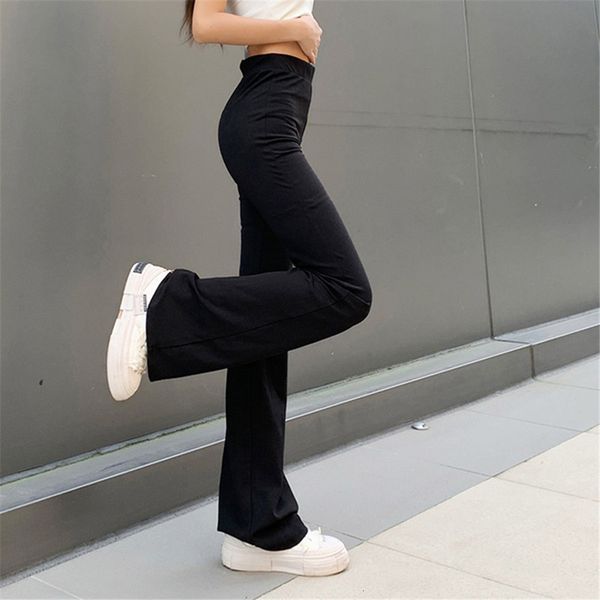 women's two piece pants all match women fashion elastic waist black flared solid color high wide leg trousers casual hipster streetwear, White