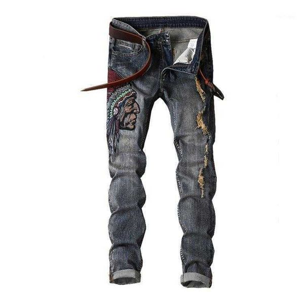 men's jeans men slim fit street small straight tube middle waist with holes embroidered indians, Blue
men's jeans men slim fit street small straight tube middle waist with holes embroidered indians, Blue