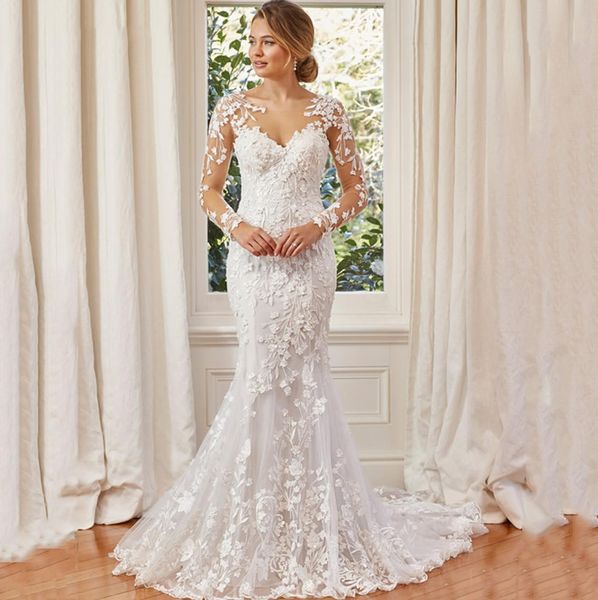scoop neck long sleeves lace mermaid wedding dresses bridal gowns sweep train appliqued tulle plus size bride dress vestidos de no5231324, White
scoop neck long sleeves lace mermaid wedding dresses bridal gowns sweep train appliqued tulle plus size bride dress vestidos de no5231324, White