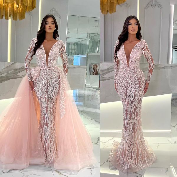 luxury pink mermaid evening dresses sheer v neck long sleeve pearls beading prom dress celebrity custom made gowns, Black
luxury pink mermaid evening dresses sheer v neck long sleeve pearls beading prom dress celebrity custom made gowns, Black