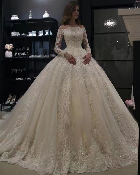 modest long sleeve ball gown wedding dresses saudi arabia bridal gowns sheer off shoulder lace appliqued sequins plus size robe de mariee cu, White
modest long sleeve ball gown wedding dresses saudi arabia bridal gowns sheer off shoulder lace appliqued sequins plus size robe de mariee cu, White