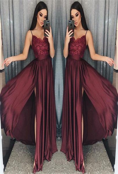 2019 maroon spaghetti straps prom dresses lace appliques a line side split elastic stain like silk formal occasion evening dr3539354, Black
2019 maroon spaghetti straps prom dresses lace appliques a line side split elastic stain like silk formal occasion evening dr3539354, Black