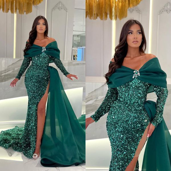 luxury celebrity dresses green sequins off shoulder long sleeve evening gowns custom made high split dress, Black;red
luxury celebrity dresses green sequins off shoulder long sleeve evening gowns custom made high split dress, Black;red