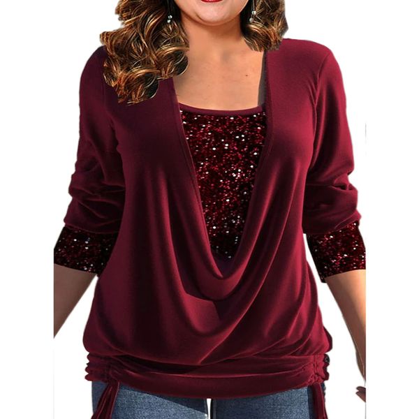 women's plus size tshirt fashion sequin t shirt fake two piece loose ruched curvy ropa mujer chemises et blouses roupas femininas 23070, Black
women's plus size tshirt fashion sequin t shirt fake two piece loose ruched curvy ropa mujer chemises et blouses roupas femininas 23070, Black