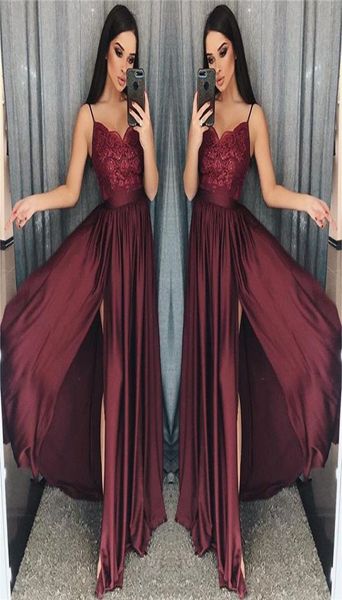 2019 maroon spaghetti straps prom dresses lace appliques a line side split elastic stain like silk formal occasion evening dr3372568, Black
2019 maroon spaghetti straps prom dresses lace appliques a line side split elastic stain like silk formal occasion evening dr3372568, Black