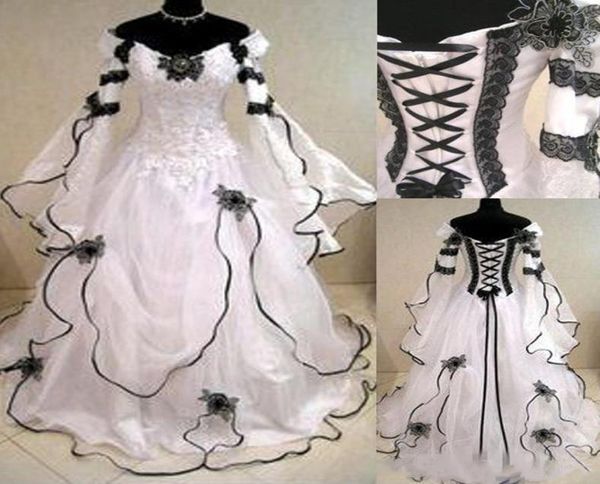 vintage plus size gothic a line wedding dresses with long sleeves black lace corset back chapel train bridal gowns for garden coun9280436, White
vintage plus size gothic a line wedding dresses with long sleeves black lace corset back chapel train bridal gowns for garden coun9280436, White