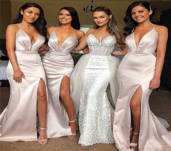 simple mermaid bridesmaid dresses for wedding side split v neck long maid of honor gown 631024, White;pink 
simple mermaid bridesmaid dresses for wedding side split v neck long maid of honor gown 631024, White;pink