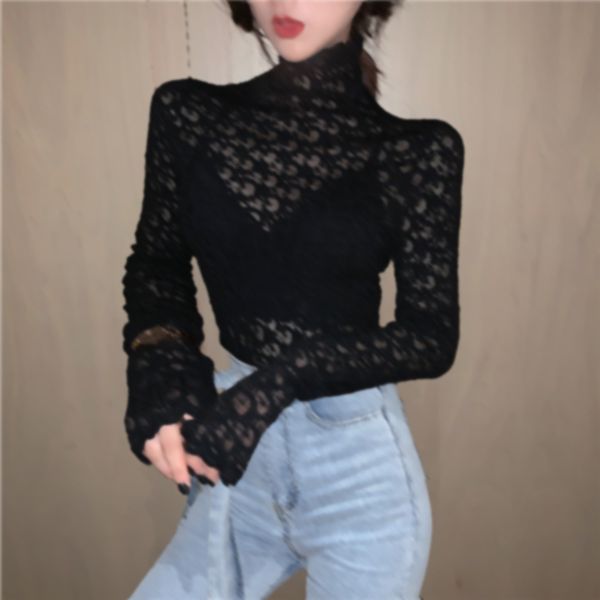 high neckline hollowed out lace bottom for women's 2023 new autumn and winter long sleeved westernized slim fitting top, White
high neckline hollowed out lace bottom for women's 2023 new autumn and winter long sleeved westernized slim fitting top, White
