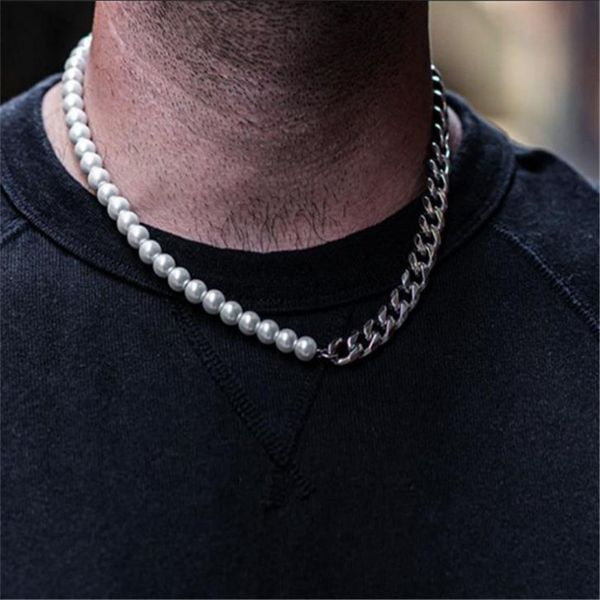 splicing stainless steel cuban chain pearl necklace for men'strendy and cool hip hop jewelry, Silver
splicing stainless steel cuban chain pearl necklace for men'strendy and cool hip hop jewelry, Silver