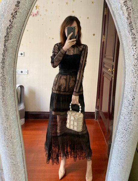 new s-elf portrait lace panel high waist black long sleeve long dress with belt, Black;gray
new s-elf portrait lace panel high waist black long sleeve long dress with belt, Black;gray