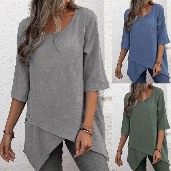 women's shirts clothing europe america new cotton linen round neck irregular shirt short sleeves female casual blouses, White
women's shirts clothing europe america new cotton linen round neck irregular shirt short sleeves female casual blouses, White